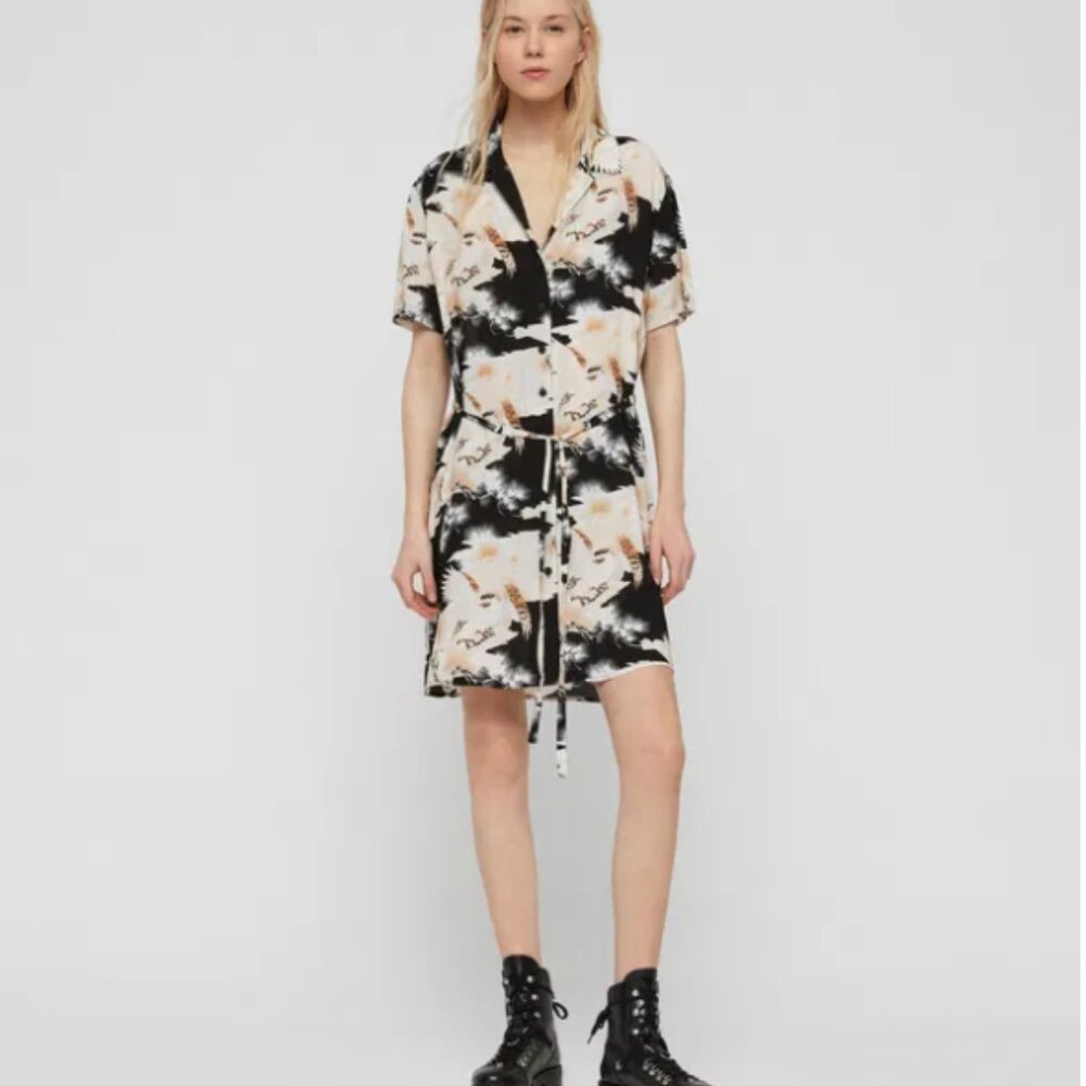 All Saints Black and Cream Tie-Dye Shirt Dress